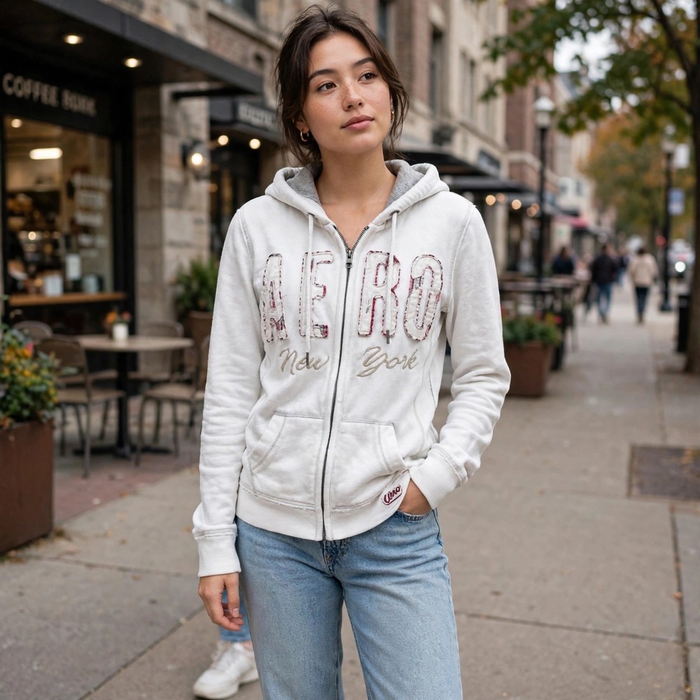 Aeropostale‎ New York White Floral Applique Full Zip Hoodie Sweatshirt M